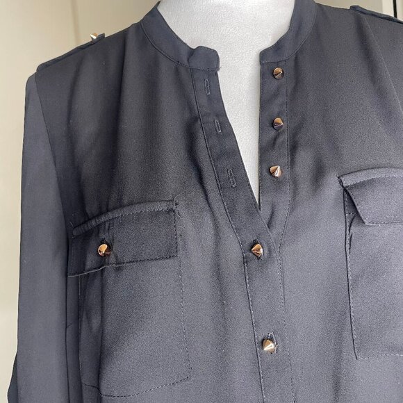 Daniel Rainn Women's Button Pullover Tunic Roll Tab Sleeve Black Sheer Sz L - Picture 3 of 7